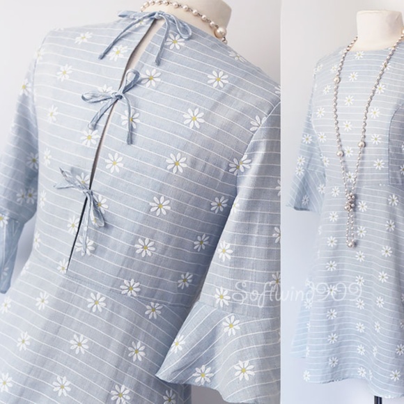 Light Blue Daisy Floral Bow Back 100% Cotton Dress - Picture 2 of 8